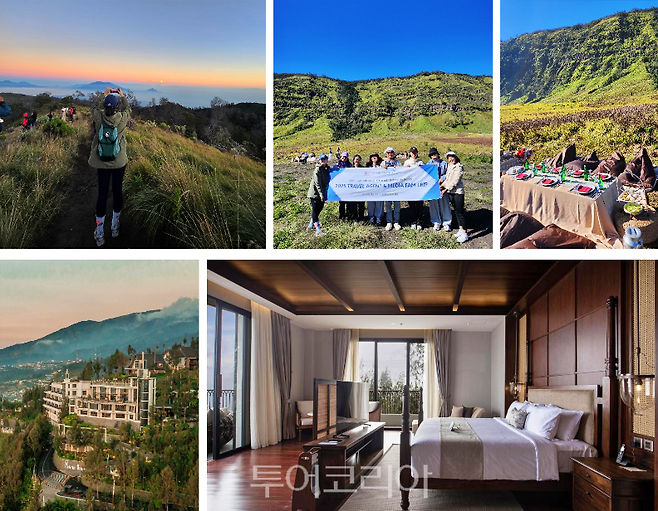 위 왼쪽부터 일출포인트에서의 일출 장면, 산악 초원에서의 단체 사진 및 피크닉 조식아래 플라타란 브로모 호텔 전경 및 객실