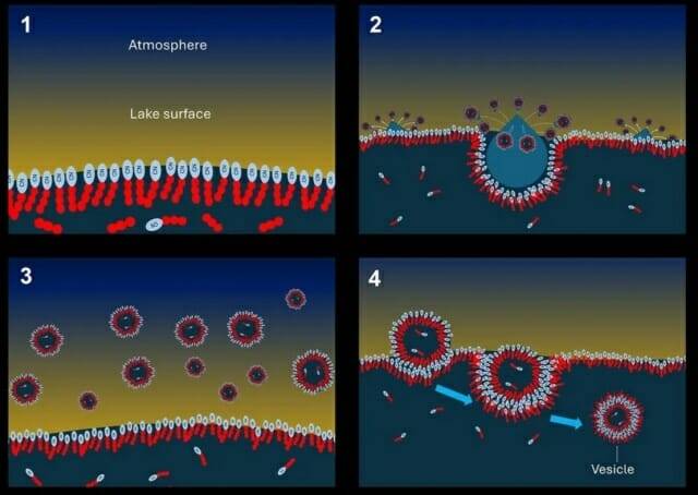 타이탄에서 소포가 형성되는 메커니즘을 나타낸 그림 (1) 타이탄 표면의 메탄 호수와 바다는 친수성 물질로 덮여있다. (2) 메탄 빗방울이 호수 표면에 떨어진다. (3) 튀는 물방울은 같은 친수성 물질로 코팅된 안개를 만든다. (4) 물방울은 다시 호수로 가라앉아 이중 층으로 코팅되고 이것이 소포가 된다. (출처=크리스찬 메이어(뒤스부르크-에센 대학교)•코너 닉슨(NASA 고다드))