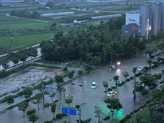16일 충남 홍성군 홍북읍 일대가 침수, 차량이 떠다니고 있다. 독자 제공.