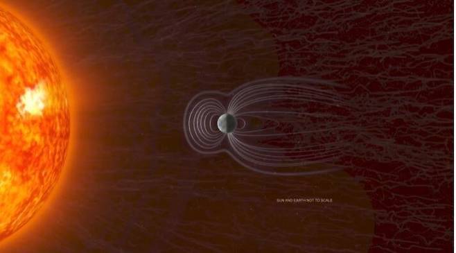 느린 태양풍에 휩싸인 지구의 자기 거품을 묘사한 그림. 자기 거품은 지구 자기장과 태양풍이 상호작용한 결과로 형성되는 거대한 보호막을 말한다. 미국항공우주국 제공