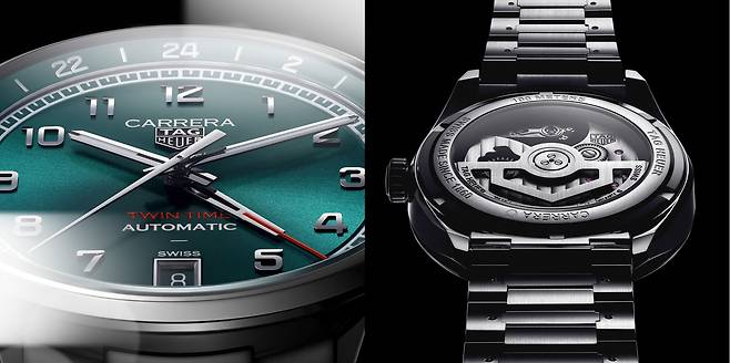 2025년 신제품인 까레라 데이트 트윈 타임. 두 지역의 시간을 한 번에 알 수 있는 GMT 기능을 갖춘 시계다. 사진 태그호이어