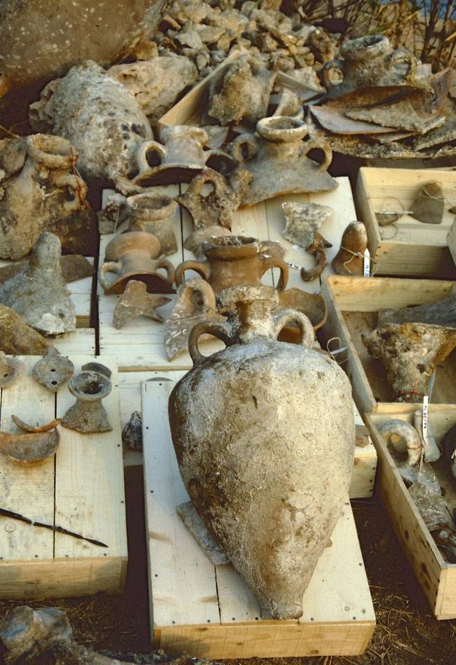 난파선에서 출토된 유물들.