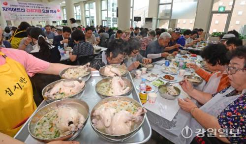 절기상 초복인 20일 강릉영동대에서 지역어르신 건강기원 오찬 행사가 열려 참석한 어르신들이 삼계탕을 먹고 있다. 이날 행사는 봉사단체인 ‘십시일반(회장: 변낙선)’ 과 예비사회적기업 숲과 함께, 강릉영동대 등이 주최 주관해 올해 두 번째로 지역어르신들에게 삼계탕을 대접했다. 강릉=권태명기자