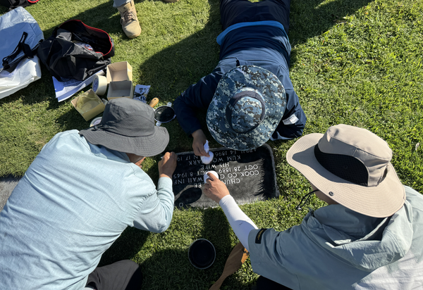 박민원 총장 등 조사단이 박금우 지사 묘비 탁본을 조사하고 있다. /국립창원대학교