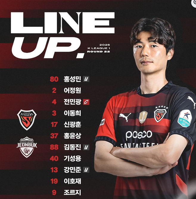 하나은행 K리그1 2025 R22 포항스틸러스 라인업