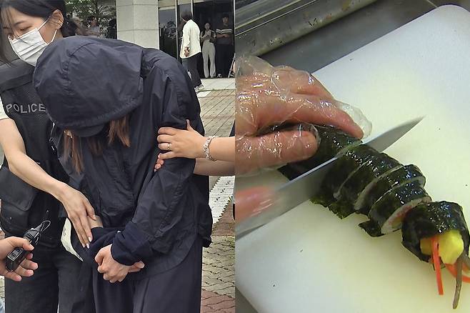 시험기간 중 학교에 무단 침입한 혐의(건조물 침입 등)로 구속영장이 청구된 40대 학부모가 지난 15일 대구지법 안동지원에서 구속 전 피의자 심문(영장실질심사)을 받고 나오고 있다. 오른쪽은 김밥 자료화면. 연합뉴스·YTN 보도화면 캡처