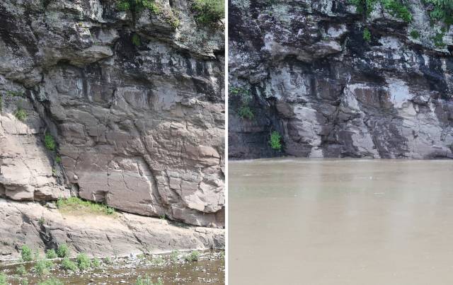 반구대 암각화의 일반적인 모습(왼쪽)과 19일 침수된 모습. 연합뉴스