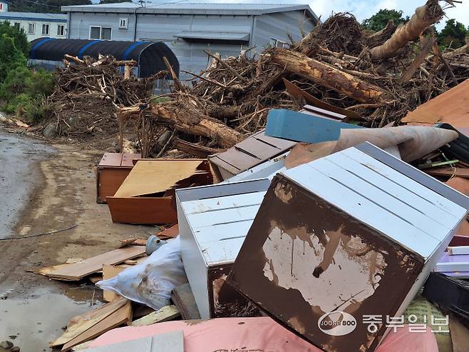 21일 취재진이 찾은 포천시 내촌면 수해 현장. 계곡에 연결된 구거가 넘치면서 나무뿌리가 떠내려와 공장과 주택을 덮쳤다. 김두현기자