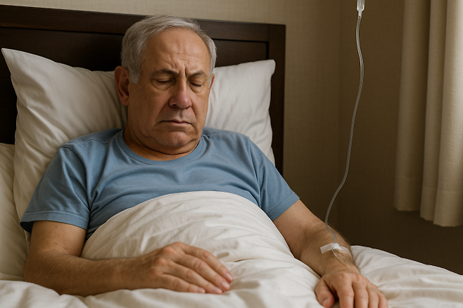 식중독으로 병상에 누운 베냐민 네타냐후 이스라엘 총리의 모습을 인공지능(AI)으로 구현한 이미지.