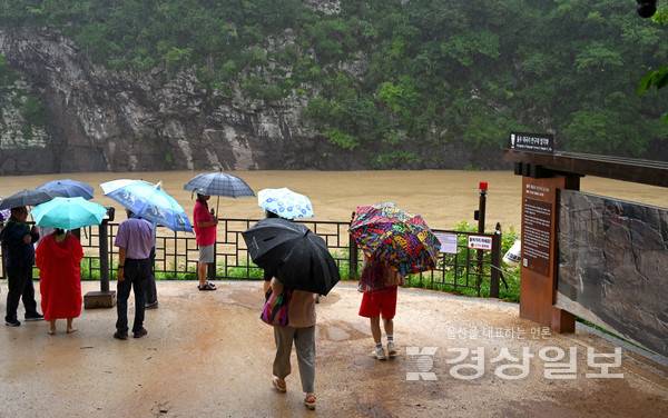 세계유산으로 등재된 빈구대암각화가 지난 19일 울산지역에 내린 집중호우로 완전 침수됐다. 비가 내리는 궂은 날씨에도 반구대를 찾은 관광객들이 물에 잠긴 암각화를 보며 아쉬워하고 있다. 김동수기자 dskim@ksilbo.co.kr