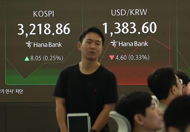 <YONHAP 22일 오전 서울 중구 하나은행 본점 딜링룸에서 딜러가 업무를 보고 있다. 이날 코스피 지수는 강보합세로 시작하며 한 때 연고점을 돌파하기도 했으나, 하락 전환하며 3200선이 무너졌다./연합뉴스