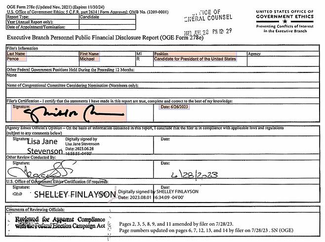 뉴스타파가 입수한 마이크 펜스 전 미 부통령의 미 공직자윤리청(OGE) 신고 내역. 펜스가 미 대선 후보 등록 직후인 2023년 6월 26일자로 신고돼 있다.