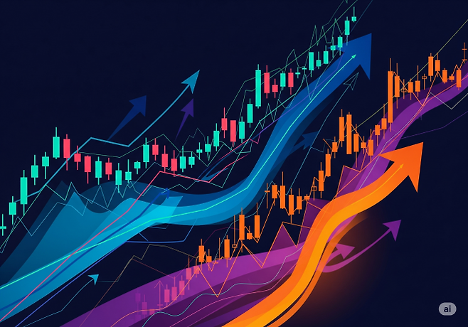 미국 주식시장과 가상화폐 시장의 동시 상승세를 시각화한 인공지능(AI) 생성 이미지.