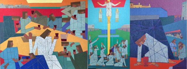 왼쪽부터 ‘오! 예수’ 연작 ‘마지막 만찬’(2023), ‘그리스도의 승천’(2025), ‘겟세마네의 기도’(2025). 이 작가 제공