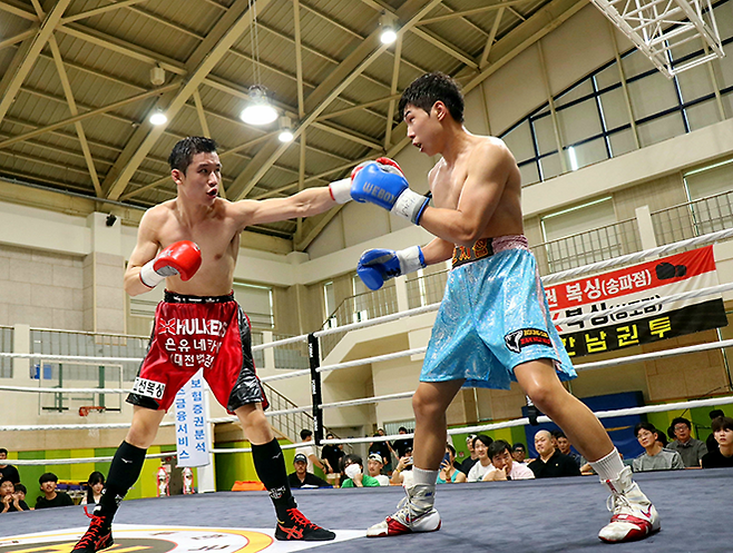 KBM 라이트급 챔피언 김종헌이 2025년 7월 서울특별시 용산구 이태원초등학교 특설링 한우리복지회회장배 프로복싱대회 메인이벤트로 열린 타이틀 1차 방어전에서 도전자 오지섭을 공격하고 있다. 사진=한국복싱커미션
