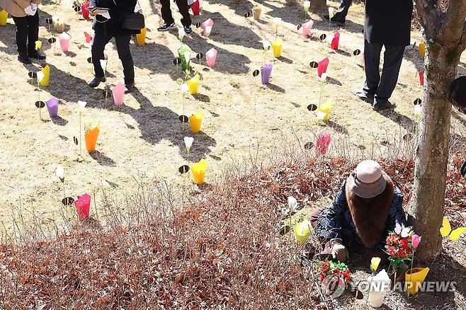 '아프지마라' (대구=연합뉴스) 박세진 기자 = 대구지하철참사 22주기인 지난 2월 18일 대구 동구 대구시민안전테마파크에서 열린 추모식에 참석한 유족이 희생자를 기리는 꽃을 놓으며 추모하고 있다. 2025.2.18 psjpsj@yna.co.kr