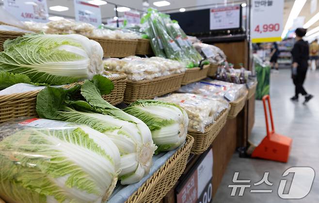 생산자물가가 석 달 만에 상승했다. 주로 농림수산품이 올라 최근 폭우·폭염 영향과 더불어 밥상물가를 밀어올릴 가능성이 우려된다. 22일 한국은행에 따르면 6월 생산자물가지수는 119.77로 전월(119.64) 대비 0.1% 상승했다. 구체적으로 배추(31.1%), 돼지고기(9.5%), 달걀(4.4%), 쌀(3.4%) 등의 품목이 높은 상승률을 기록했다. 22일 서울 시내의 한 대형마트에 배추가 진열돼 있다. 2025.7.22/뉴스1 ⓒ News1 이승배 기자