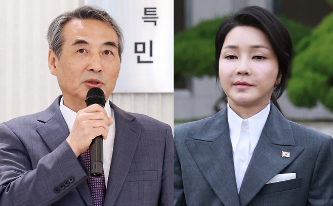 민중기(왼쪽) 특별검사와 윤석열 전 대통령 부인 김건희 여사. 연합뉴스