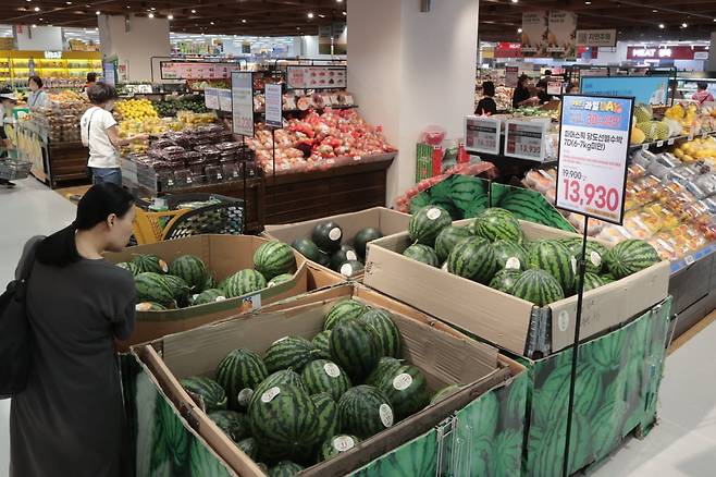 서울 이마트 용산점에서 소비자들이 수박을 고르고 있다. 사진=연합뉴스