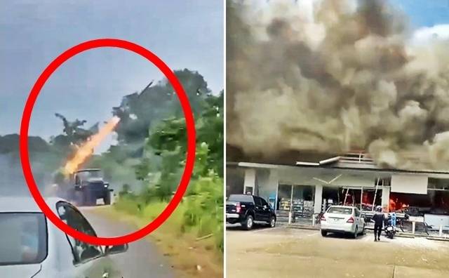 국경 문제로 갈등 중인 태국과 캄보디아는 24일(현지시간) 접경 지역에서 교전을 벌였다. 캄보디아는 러시아산 BM-21 다연장로켓포 등 중화기를 동원해 민간 지역까지 겨냥했고, 태국은 F-16 전투기 6대를 출격시켜 캄보디아군 지상 목표물을 공격하며 맞대응했다. 양국 간 모든 국경 검문소는 폐쇄됐다. 사진은 이날 캄보디아군이 로켓포를 쏘는 모습(왼쪽)과 캄보디아군 공격으로 태국 시사껫주 주유소 편의점에서 불길과 연기가 치솟는 모습. 편의점 안에 있던 학생 여럿이 사망한 것으로 전해진다. 2025.7.24 엑스