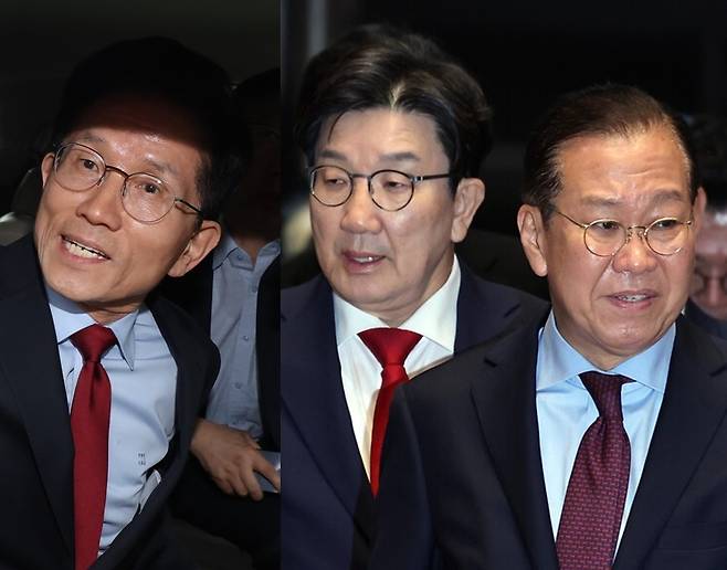 왼쪽은 김문수 국민의힘 대선 후보가 5월6일 경북 경주시 경주화백컨벤션센터에서 일정 중단을 선언한 뒤 이동하는 모습. 오른쪽은 같은 당 권영세 비상대책위원장과 권성동 원내대표가 5월5일 서울 여의도 국회에서 열린 의원총회에 참석하고 있는 모습. ⓒ 연합뉴스