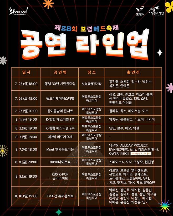 ‘제28회 보령머드축제’ 행사 일정 라인업 (출처: 보령시)