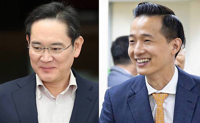 이재용 삼성전자 회장(왼쪽), 김동관 한화그룹 부회장. 뉴시스·한화그룹 제공