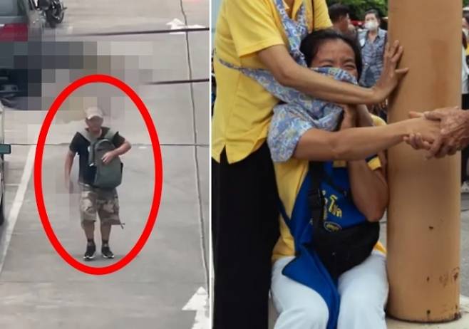 현지시간으로 28일 오전 태국 방콕 북부에 있는 유명 식료품 시장인 오또코 시장에서 한 남성(왼쪽) 이 총기를 난사했다. 오른쪽은 총격 피해 이후 눈물 짓는 시장 상인의 모습. 게티이미지/멀티비츠