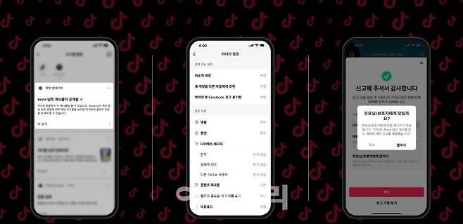 새롭게 업데이트된 세이프티 페어링 기능을 통해 보호자와 자녀가 함께 틱톡 계정의 안전 설정을 맞춤 관리할 수 있다. 사진은 왼쪽부터 ‘콘텐츠 업로드 알림’, ‘개인정보 보호 설정’, ‘콘텐츠 신고 알림’ 화면(사진=틱톡)