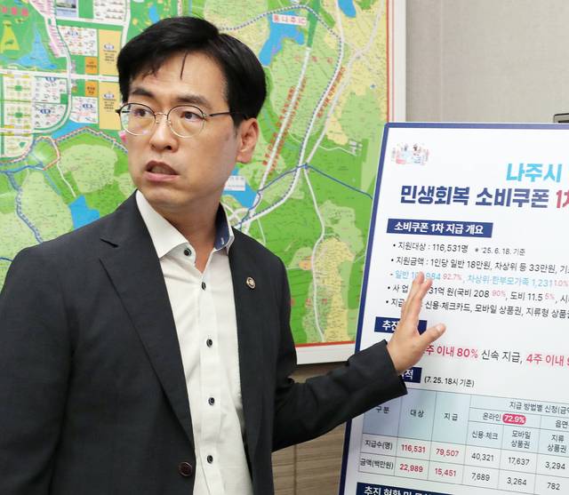 김민재 행정안전부 차관이 7월28일 전남 나주시 빛가람동 행정복지센터를 찾아 민생회복 소비쿠폰 사용 현황을 점검하고 있다. 연합뉴스