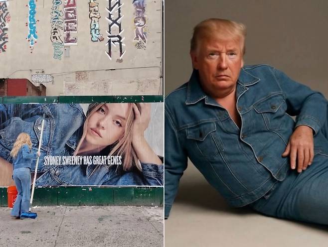 왼쪽은 아메리칸 이글 광고 영상 속 시드니 스위니, 오른쪽은 트럼프 대통령의 AI 청바지 이미지. 트럼프 주니어가 논란에 맞서 이 이미지를 SNS에 게시했다. 출처=아메리칸 이글, 인스타그램 @donaldjtrumpjr