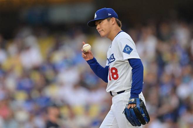 LA다저스 야마모토 요시노부가 시즌 8패를 당했다. 사진은 다저스에서 활약 중인 야마모토의 모습. /사진=로이터