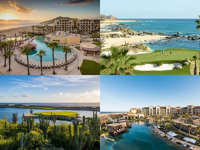 멕시코 로스카보스 올인클루시브&세계100대 코스 골프투어 호텔 및 주요 코스(왼쪽 위부터 시계방향으로 푸에블로 보니토 퍼시피카 리조트&스파,카보 델 솔 골프 코스,그랜드 솔마르 퍼시픽 듄스 골프 리조트,솔마르 골프 링크스. ⓒ AGL