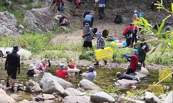 지난 9일 국내 최대의 생태경관보전지역인 왕피천에서 방문객들이 물놀이를 하고 있다. 녹색연합 제공