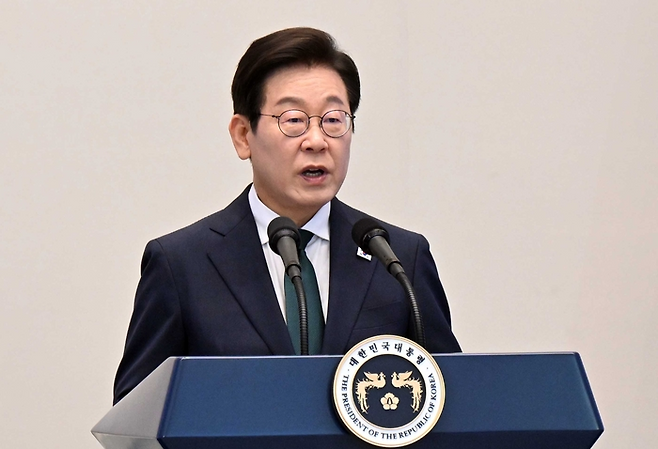 이재명 대통령이 14일 청와대 영빈관에서 열린 광복 ‘80주년, 대통령의 초대’ 행사에서 모두발언을 하고 있다. 대통령실사진기자단