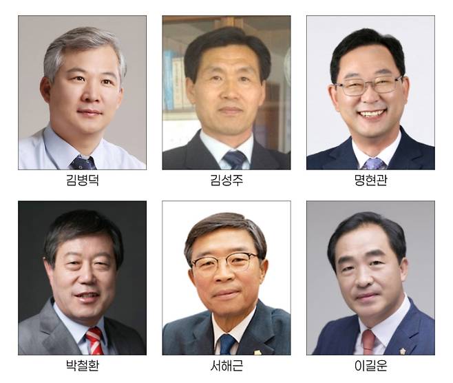 ▲ (왼쪽부터) 김병덕 전 해남군의회 의장, 김성주 전 해남군 수협조합장, 명현관 해남군수(민선 8기), 박철환 전 해남군수(민선6기), 서해근 해남군의원, 이길운 해남군체육회장