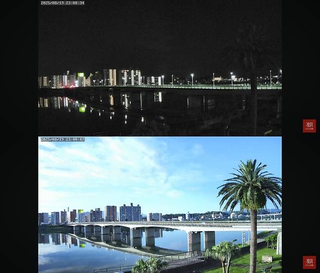 19일 일본 미야자키현 시내가 화구에 의해 낮처럼 일순 밝아진 모습. 사진=아사히 신문 유튜브 캡처