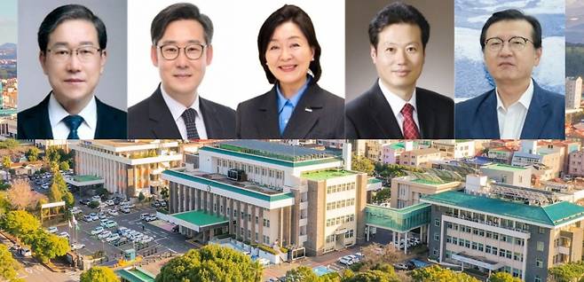 최근 사퇴한 제주도 산하 공공 기관장들. 왼쪽부터 김광서 제주신용보증재단 이사장, 김호민 제주에너지공사 사장, 이선화 제주국제컨벤션센터 대표이사. 송민호 제주한의약연구원장, 박현수 서귀포의료원장.