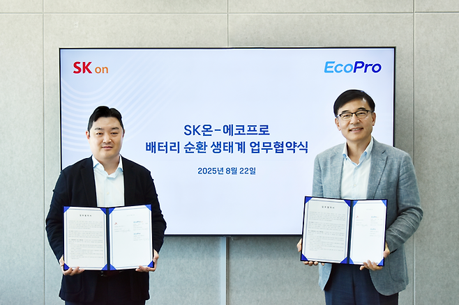 박석회 에코프로씨엔지 대표(오른쪽)와 이경민 SK온 사업개발실장(왼쪽)이 배터리 순환 생태계 업무협약 체결 기념 사진을 촬영하고 있다. (사진=SK온·에코프로)