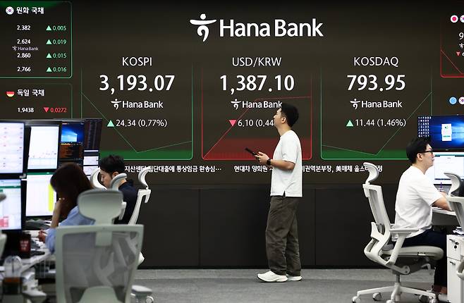 25일 오전 서울 중구 하나은행 딜링룸 전광판에 코스피 지수가 표시돼 있다./뉴스1