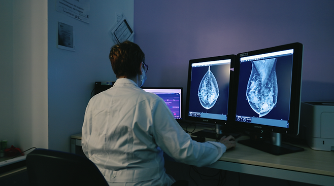 이탈리아 트레비소주 유방암 검진 프로그램 책임자인 클라우디아 바이스 박사가 루닛 AI 유방암 진단 솔루션 ‘루닛 인사이트 MMG’를 활용해 유방 촬영 영상을 분석하고 있다. ⓒ루닛