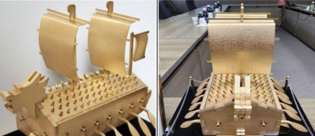 이재명 대통령이 도널드 트럼프 미국 대통령에게 선물한 금속 거북선 모형. 사진 제공=대통령실