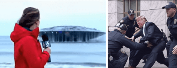 AI로 생성된 미확인비행체 관찰 영상과 트럼프 미국 대통령이 체포되는 AI 딥페이크 영상(출처=X)
