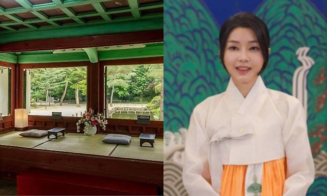 서울 종묘 망묘루 내부와 김건희 여사. 국가유산청, 대통령실 제공