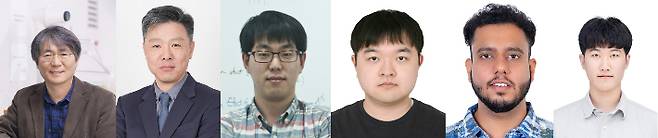 사진 좌측부터 나명수 UNIST 교수, 전형필 한양대 교수, 민승규 UNIST 교수, 이성환 연구원, 샤르마 아미토쉬 연구원, 이재혁 연구원. UNIST 제공