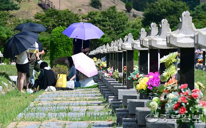 지난해 9월 1일 추석 연휴를 보름여 앞두고 인천시 부평구 인천가족공원을 찾은 성묘객들이 성묘하고 있다.정선식기자