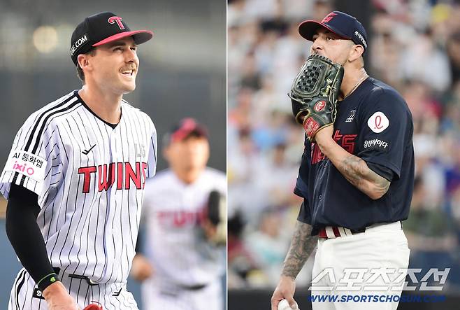 30일 잠실구장에서 열린 LG와 키움의 경기. 시즌 4승을 기록한 LG 톨허스트. 1회 투구를 마치고 밝은 표정으로 마운드를 내려오는 LG 톨허스트. 시즌 3패를 당한 롯데 벨라스케즈(오른쪽). 잠실=송정헌 기자songs@sportschosun.com/2025.08.30/