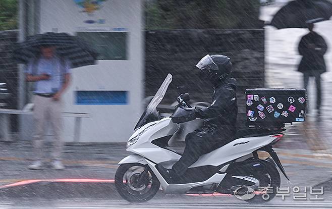 최근 배달 기본료가 낮아지면서 배달 라이더들이 성과에 따라 수익률이 높아지는 '미션제' 등을 수행하다가 사고를 당하는 사례가 잇따르는 가운데 1일 오후 수원시청 인근 도로에서 한 배달 라이더가 음식을 배달하고 있다. 임채운기자