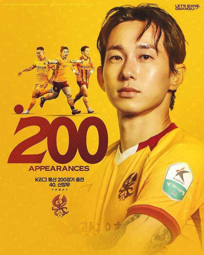 K리그 통산 200경기에 출전한 광주FC 공격수 신창무. /사진=광주FC