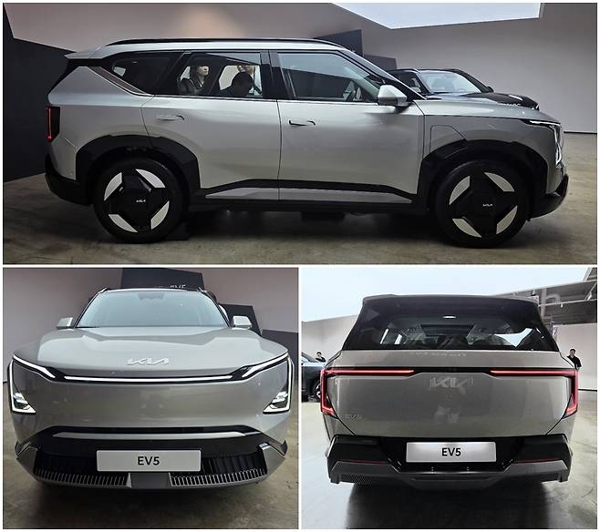 기아 순수 전기 준중형 SUV EV5 측면(위부터 시계 방향) 후면, 전면. 서재근 기자